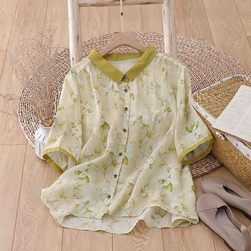 Women's floral generous, beautiful and comfortable single-breasted linen short-sleeved shirt
