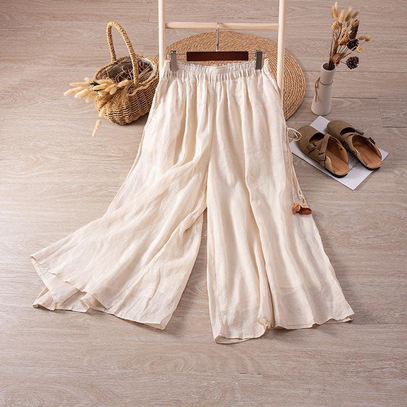 Ramie/flowing hakama/double/versatile/slacks/high-waisted/slim/draped cropped pants