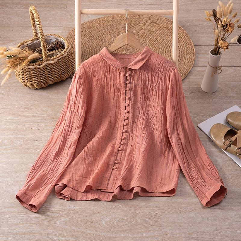 Light / ramie / long sleeves / cardigan / pleated craft / thin / shirt / small shirt women