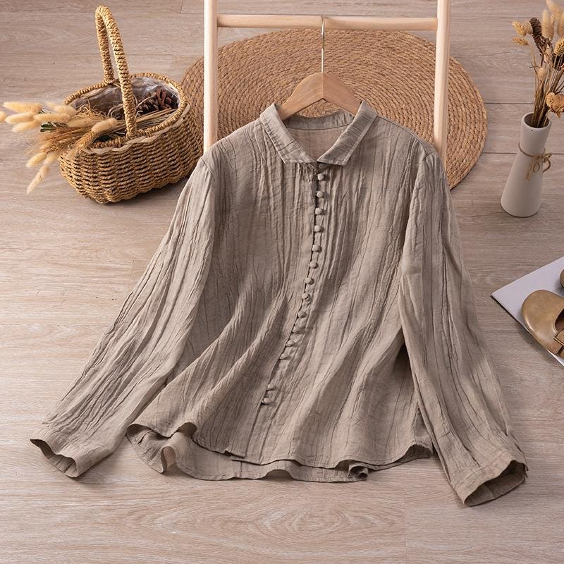 Light / ramie / long sleeves / cardigan / pleated craft / thin / shirt / small shirt women