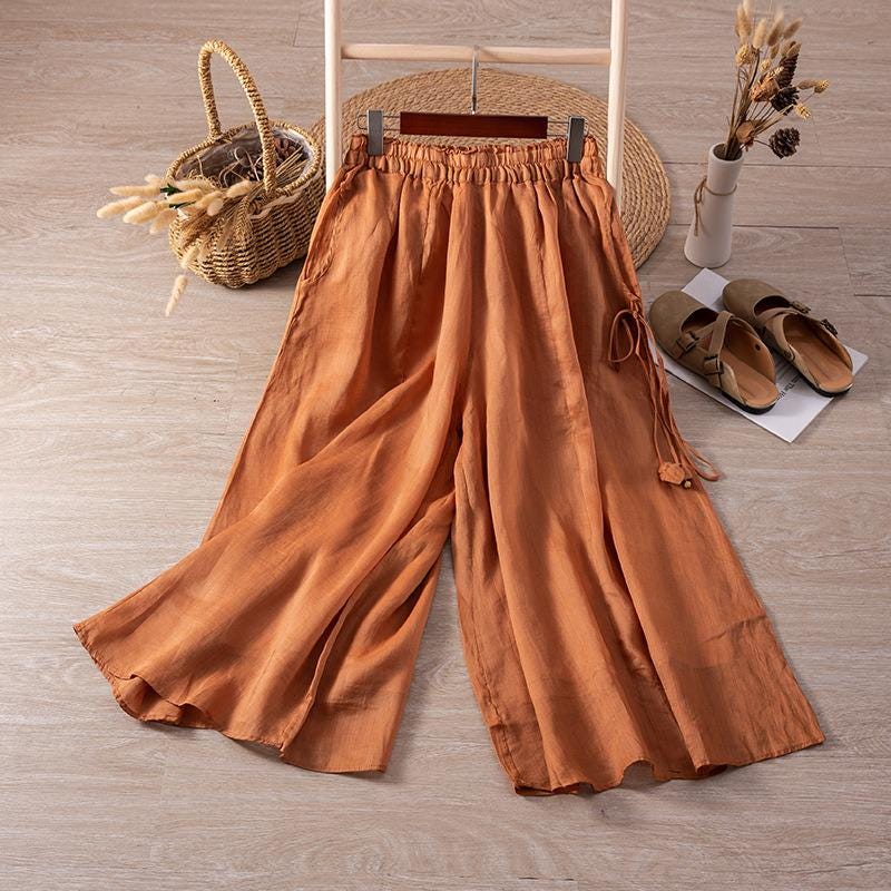 Ramie/flowing hakama/double/versatile/slacks/high-waisted/slim/draped cropped pants