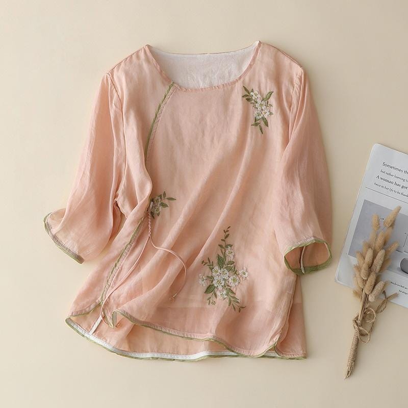 Ramie Embroidered Floral Blouse – Handmade Loose-Fit Boho Top for Women, Breathable Natural Fabric Shirt