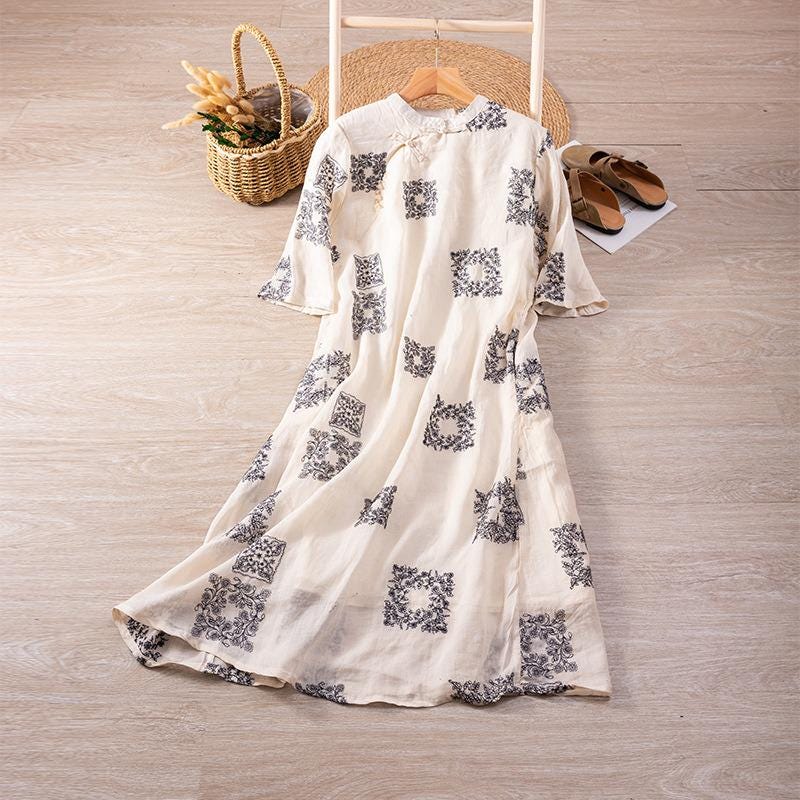 Handmade Ramie Embroidered Dress – Elegant Loose-Fit Midi Dress with Floral Details, Natural Fiber Clothing for Women