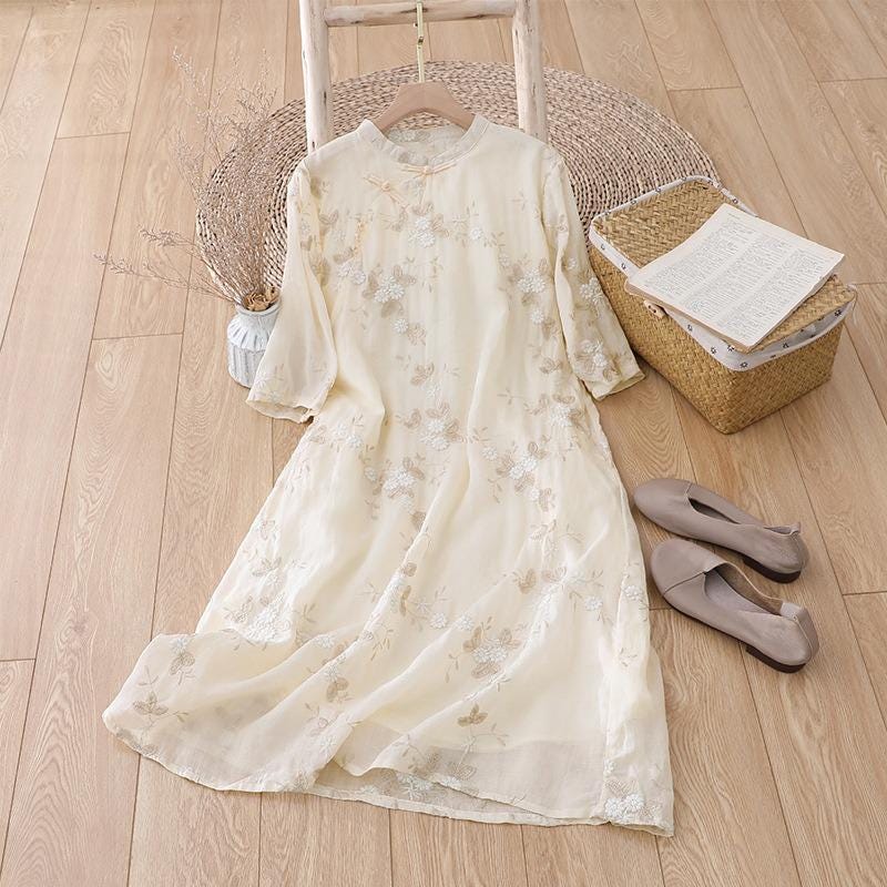 Handmade Ramie Embroidered Dress – Elegant Loose-Fit Midi Dress with Floral Details, Natural Fiber Clothing for Women