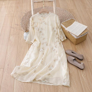 Handmade Ramie Embroidered Dress – Elegant Loose-Fit Midi Dress with Floral Details, Natural Fiber Clothing for Women