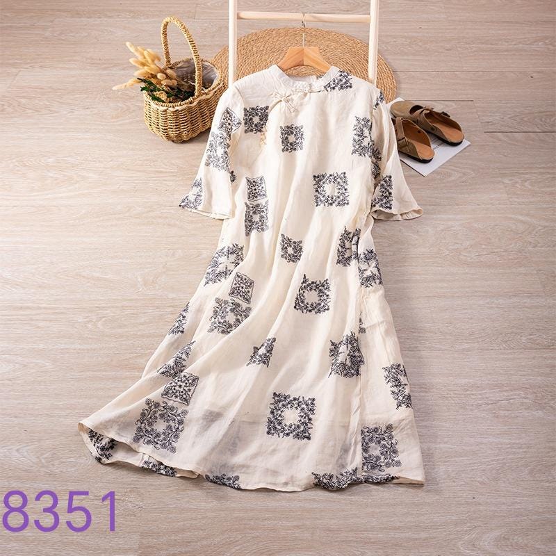 Handmade Ramie Embroidered Dress – Elegant Loose-Fit Midi Dress with Floral Details, Natural Fiber Clothing for Women
