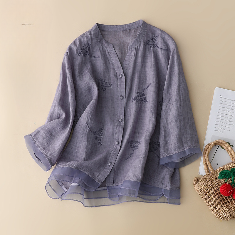 V-Neck Ramie Embroidered Blouse