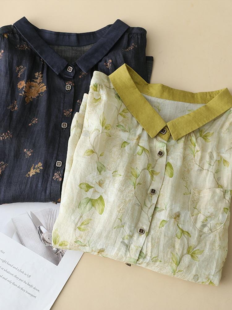 Women's floral generous, beautiful and comfortable single-breasted linen short-sleeved shirt