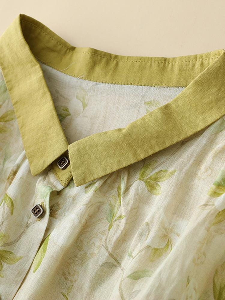 Women's floral generous, beautiful and comfortable single-breasted linen short-sleeved shirt