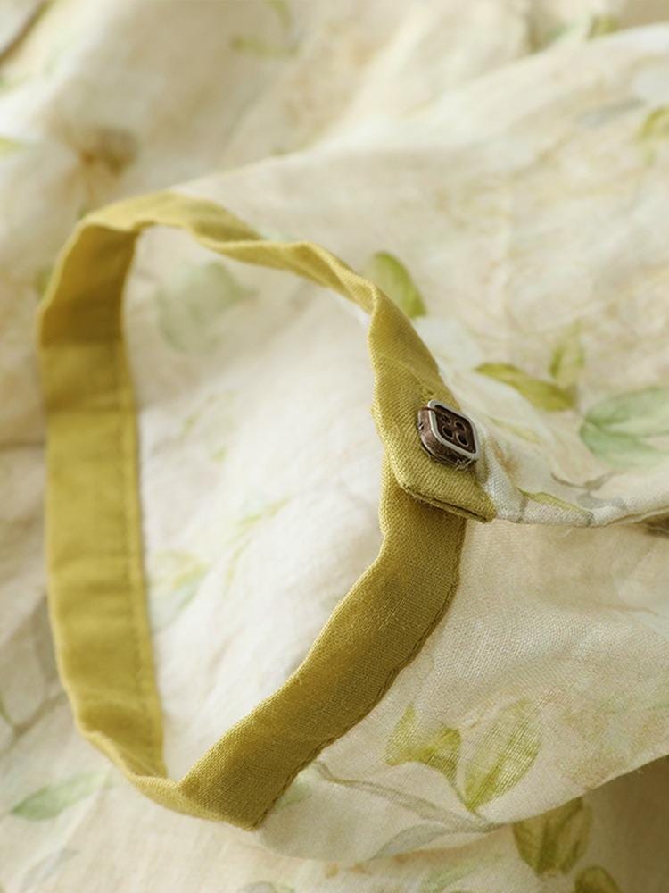Women's floral generous, beautiful and comfortable single-breasted linen short-sleeved shirt