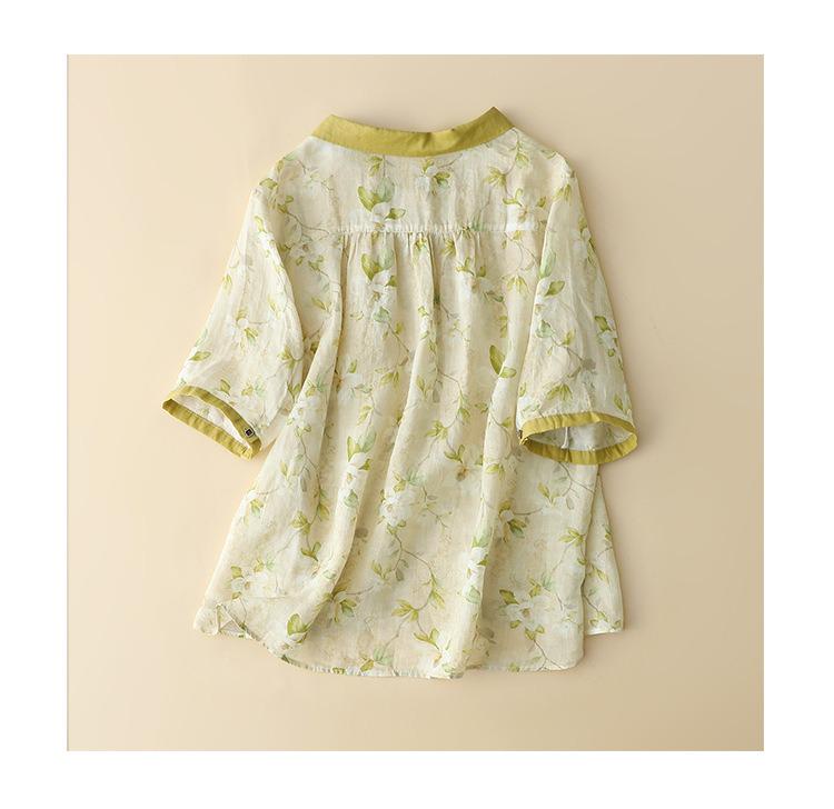 Women's floral generous, beautiful and comfortable single-breasted linen short-sleeved shirt
