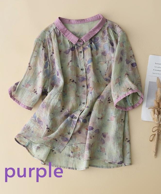 Women's floral generous, beautiful and comfortable single-breasted linen short-sleeved shirt