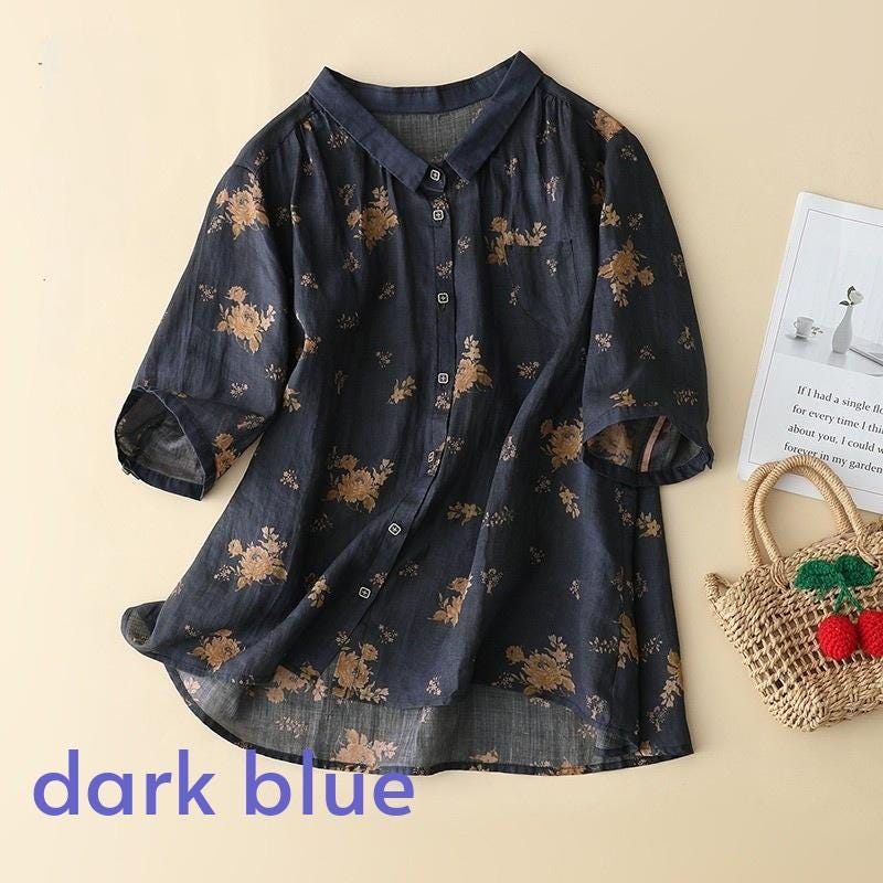 Women's floral generous, beautiful and comfortable single-breasted linen short-sleeved shirt