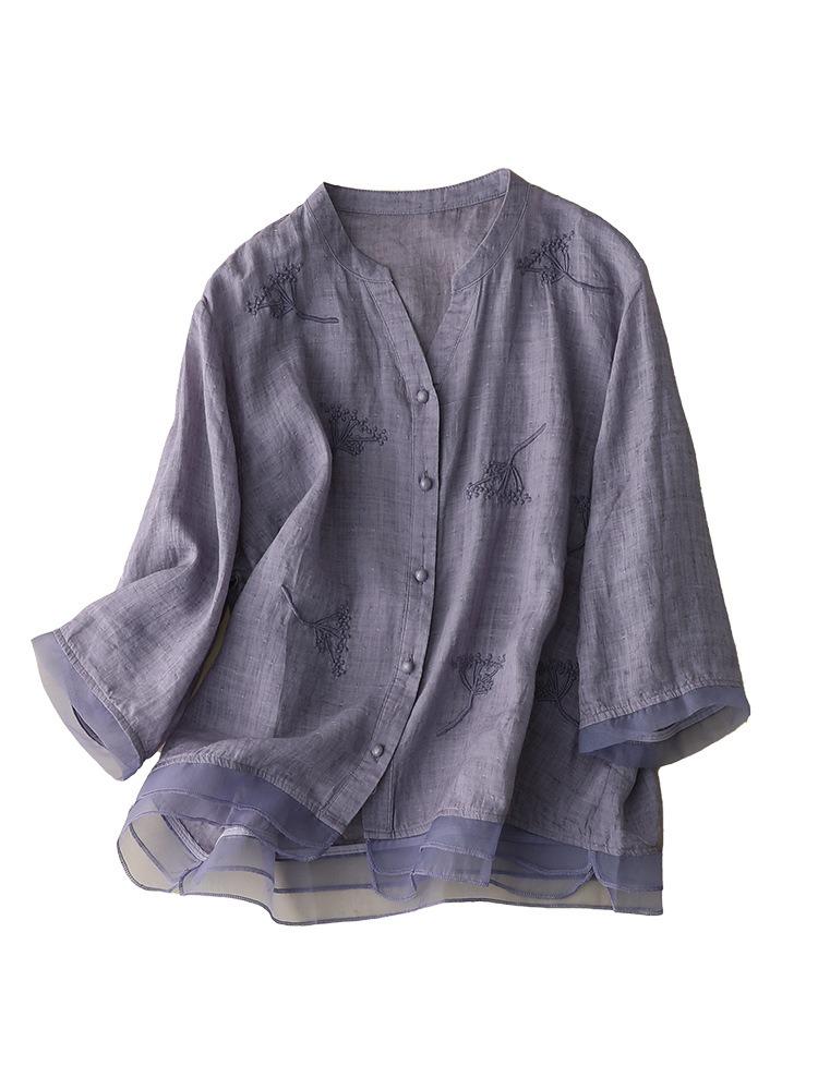splicing/ramie/embroidery/V-neck/Short/Women's tops/Women's shirts/blouse/classic/nature/