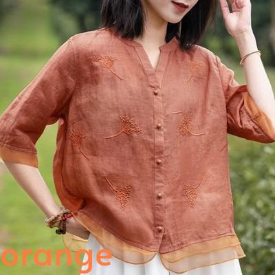 splicing/ramie/embroidery/V-neck/Short/Women's tops/Women's shirts/blouse/classic/nature/