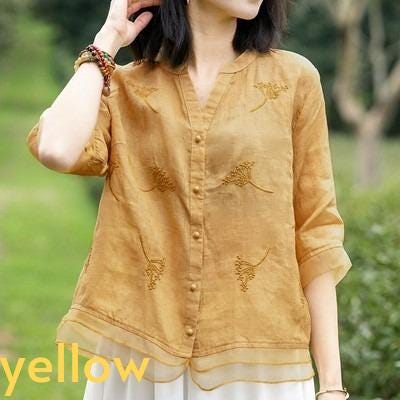 splicing/ramie/embroidery/V-neck/Short/Women's tops/Women's shirts/blouse/classic/nature/