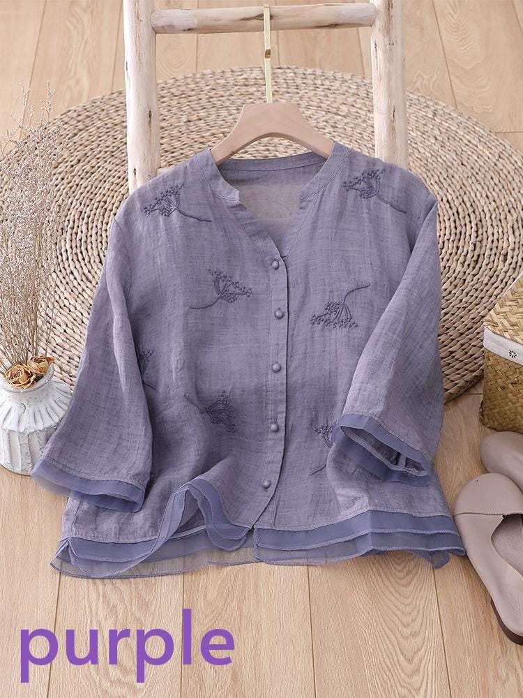 splicing/ramie/embroidery/V-neck/Short/Women's tops/Women's shirts/blouse/classic/nature/