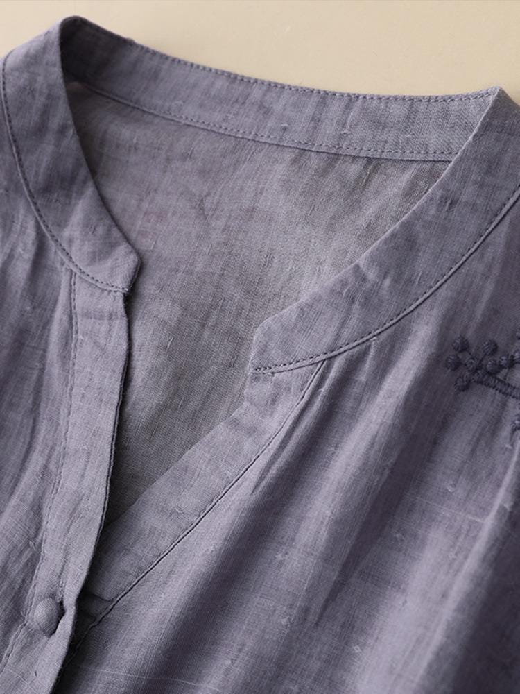 splicing/ramie/embroidery/V-neck/Short/Women's tops/Women's shirts/blouse/classic/nature/