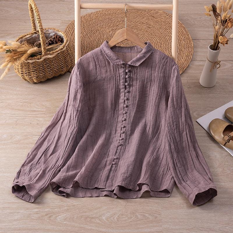 Light / ramie / long sleeves / cardigan / pleated craft / thin / shirt / small shirt women