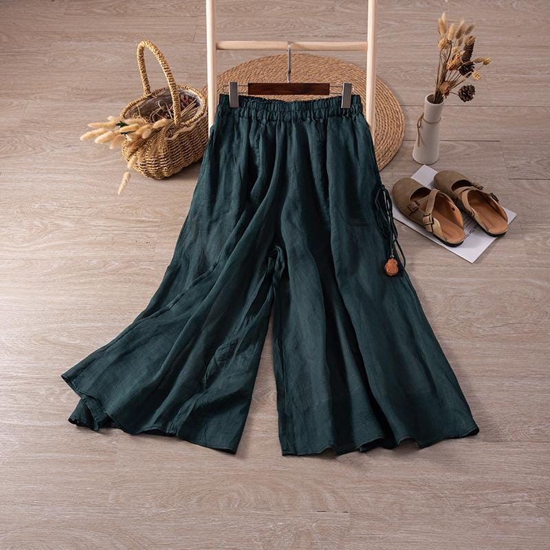 Ramie/flowing hakama/double/versatile/slacks/high-waisted/slim/draped cropped pants