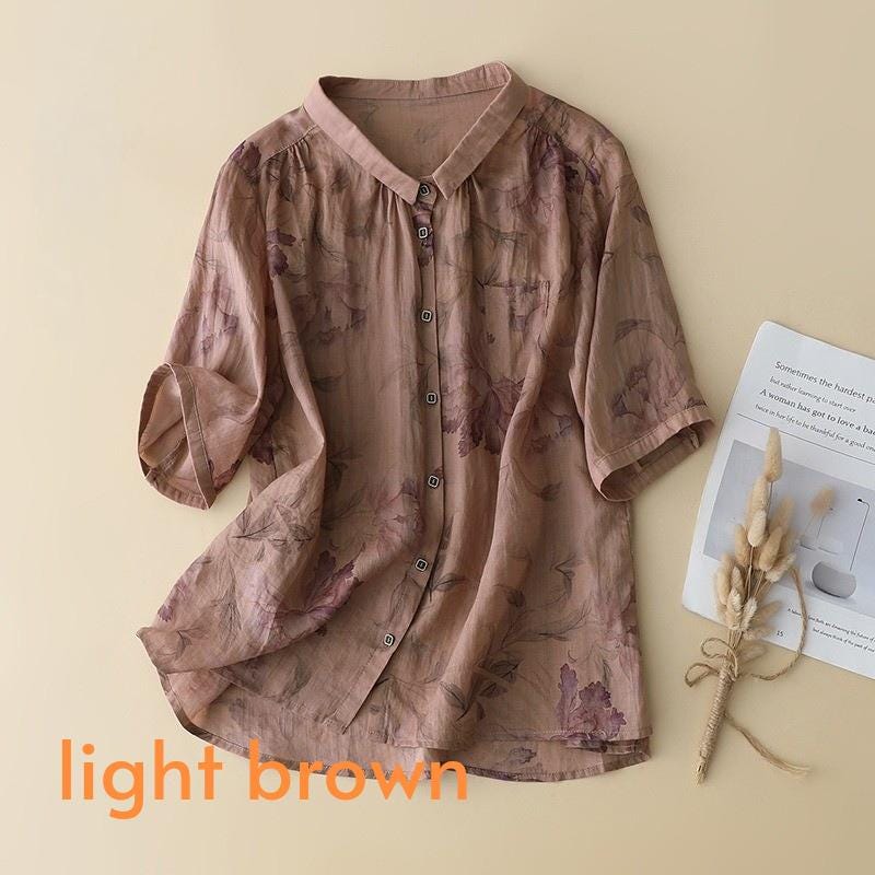 Women's floral generous, beautiful and comfortable single-breasted linen short-sleeved shirt
