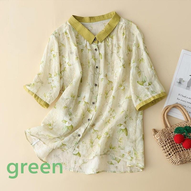 Women's floral generous, beautiful and comfortable single-breasted linen short-sleeved shirt