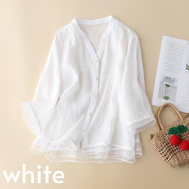 splicing/ramie/embroidery/V-neck/Short/Women's tops/Women's shirts/blouse/classic/nature/