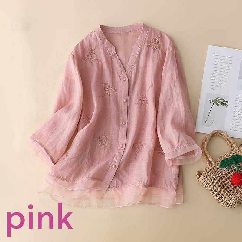 splicing/ramie/embroidery/V-neck/Short/Women's tops/Women's shirts/blouse/classic/nature/