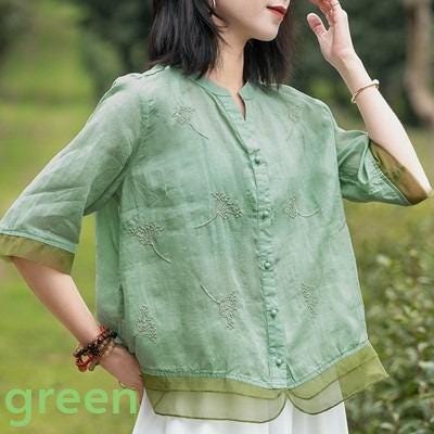 splicing/ramie/embroidery/V-neck/Short/Women's tops/Women's shirts/blouse/classic/nature/