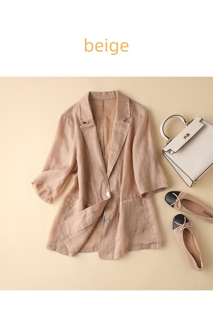 Literary jacket / ramie jacket / five-quarter sleeve blazer / women's summer new coat / casual women's clothing /2025 new