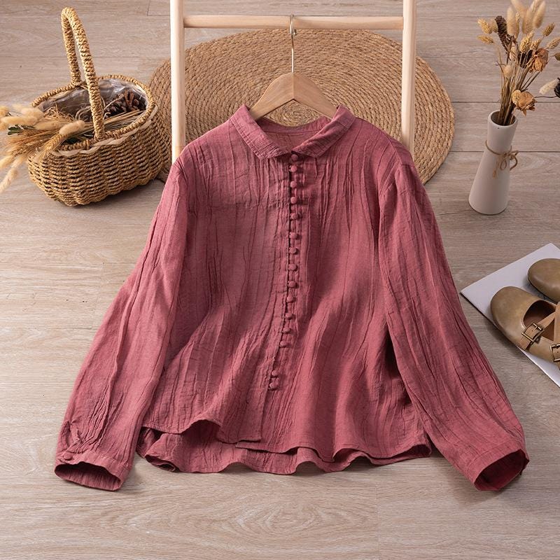 Light / ramie / long sleeves / cardigan / pleated craft / thin / shirt / small shirt women