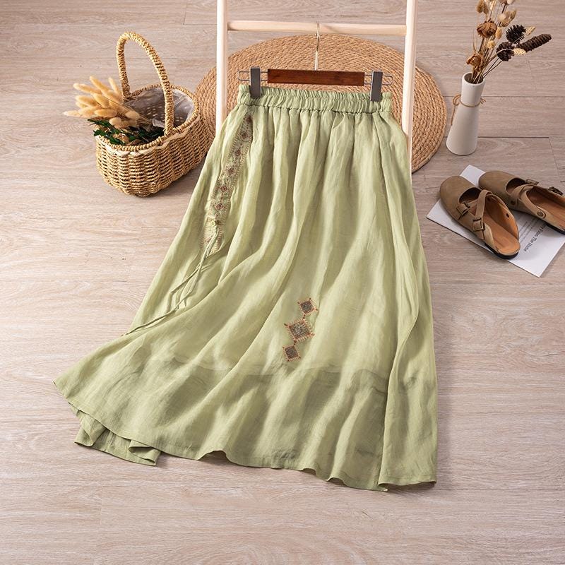 2025 new/Retro/Artistic/Cotton and Linen/Skirt/Thin/Temperament/Midi/Skirt/Loose/Light/Versatile Skirt