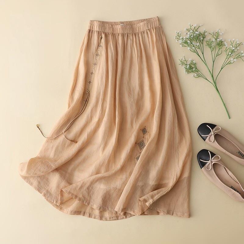 2025 new/Retro/Artistic/Cotton and Linen/Skirt/Thin/Temperament/Midi/Skirt/Loose/Light/Versatile Skirt