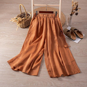Ramie/flowing hakama/double/versatile/slacks/high-waisted/slim/draped cropped pants