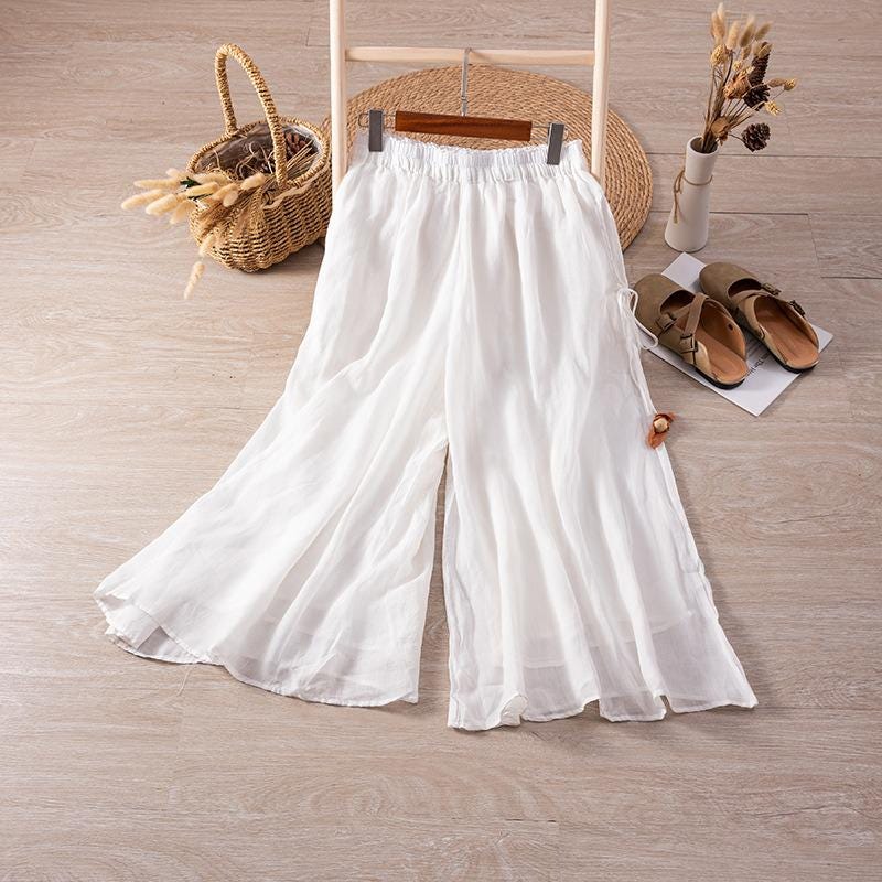 Ramie/flowing hakama/double/versatile/slacks/high-waisted/slim/draped cropped pants