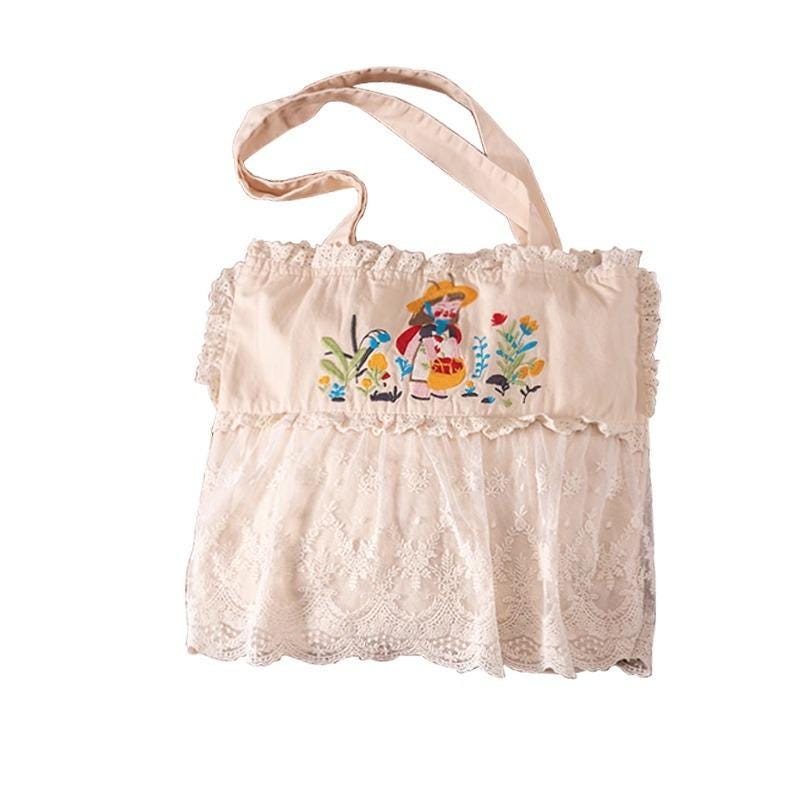 lace/literature/leisure/double strap/shoulder bag/embroidery/literature/handbag/cotton and linen/organic skin-friendly/Mother's Day Gifts