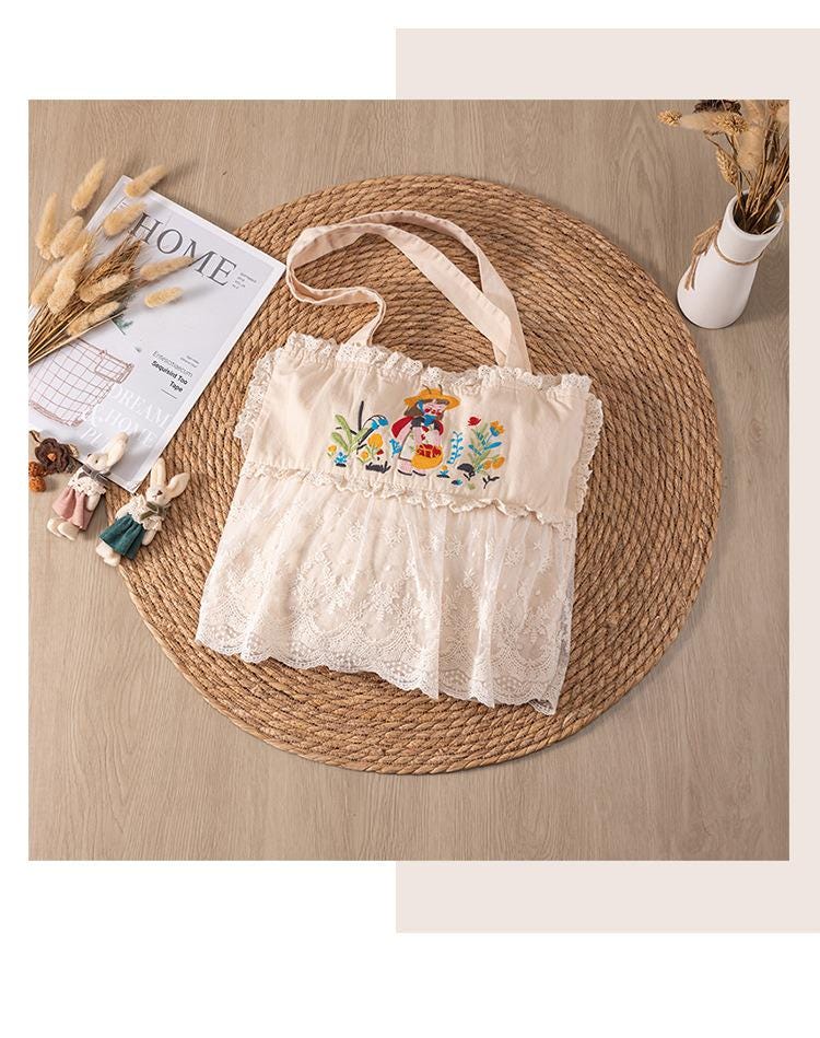 lace/literature/leisure/double strap/shoulder bag/embroidery/literature/handbag/cotton and linen/organic skin-friendly/Mother's Day Gifts