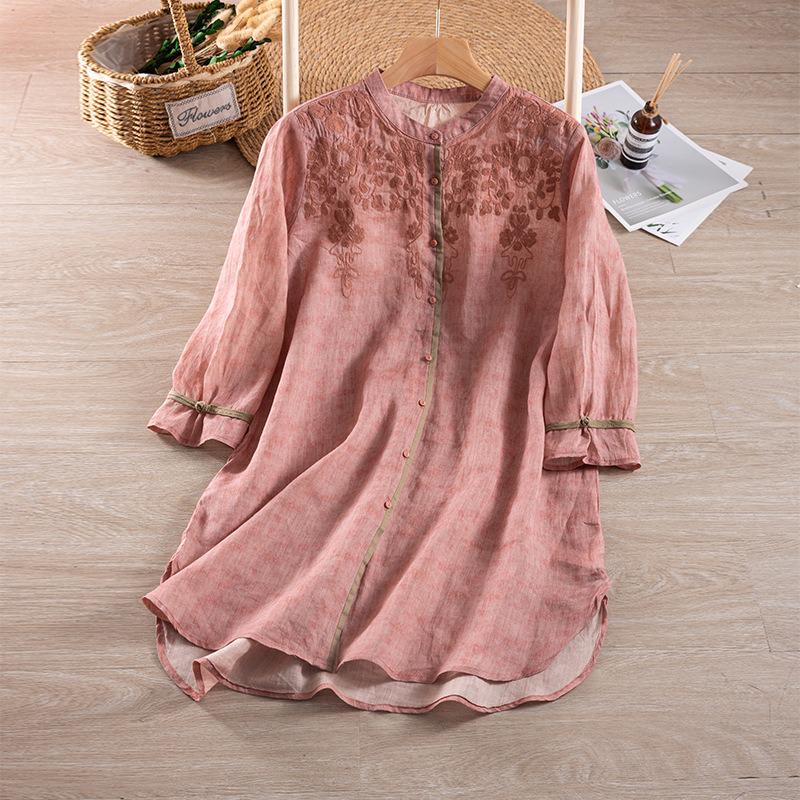 Pure ramie medium-length shirt/embossed three-dimensional embroidery/retro loose/stand-up collar blouse/elegant organic shirt