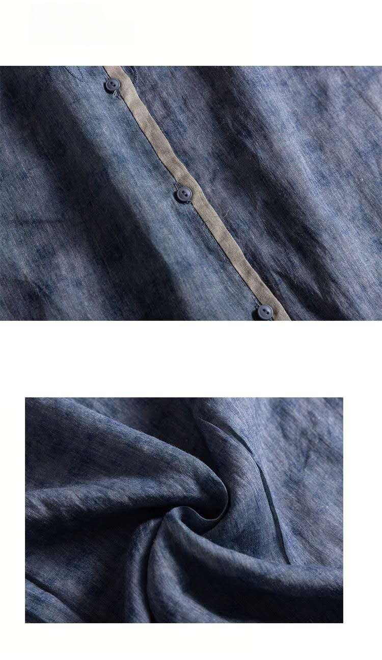 Pure ramie medium-length shirt/embossed three-dimensional embroidery/retro loose/stand-up collar blouse/elegant organic shirt