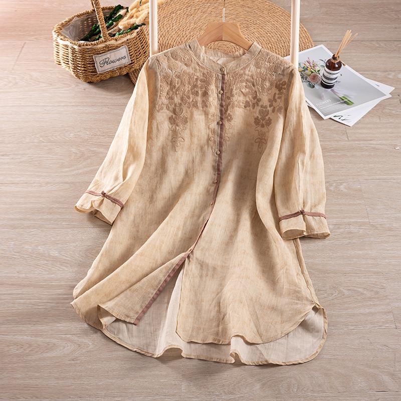 Pure ramie medium-length shirt/embossed three-dimensional embroidery/retro loose/stand-up collar blouse/elegant organic shirt