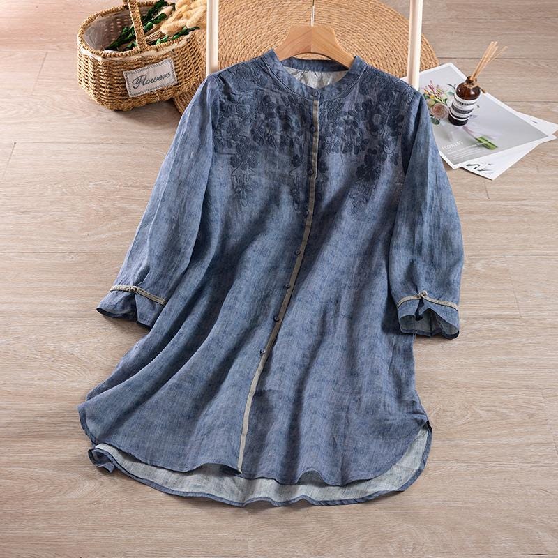 Pure ramie medium-length shirt/embossed three-dimensional embroidery/retro loose/stand-up collar blouse/elegant organic shirt