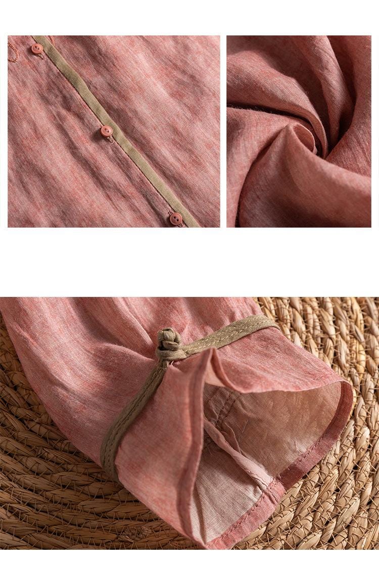 Pure ramie medium-length shirt/embossed three-dimensional embroidery/retro loose/stand-up collar blouse/elegant organic shirt