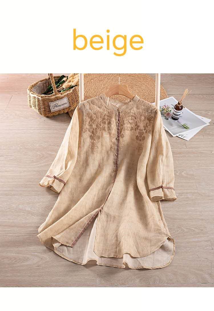 Pure ramie medium-length shirt/embossed three-dimensional embroidery/retro loose/stand-up collar blouse/elegant organic shirt