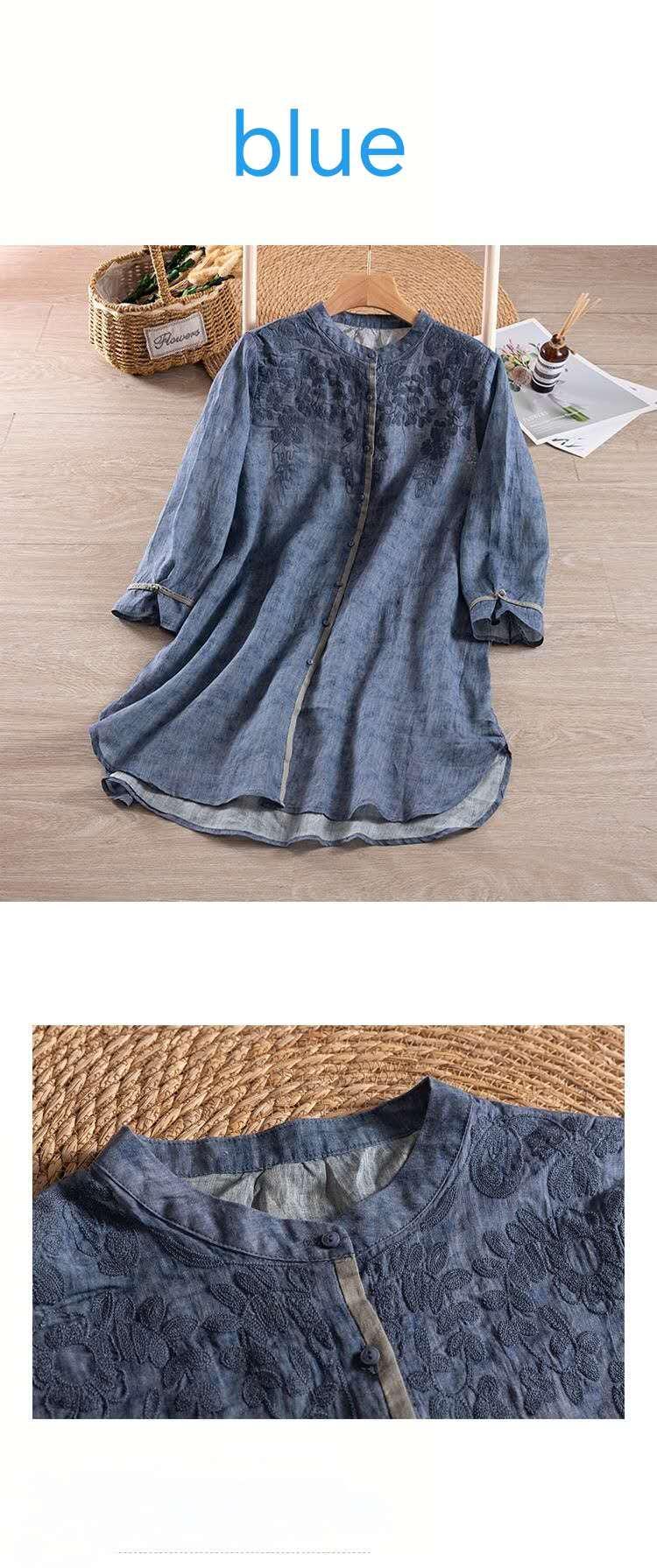 Pure ramie medium-length shirt/embossed three-dimensional embroidery/retro loose/stand-up collar blouse/elegant organic shirt