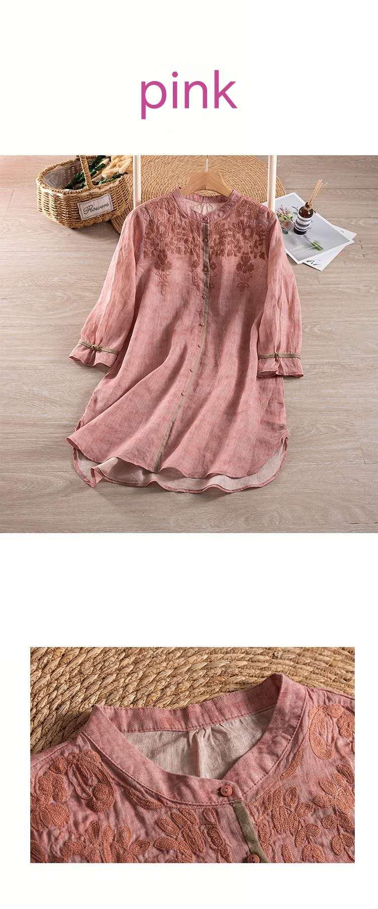 Pure ramie medium-length shirt/embossed three-dimensional embroidery/retro loose/stand-up collar blouse/elegant organic shirt