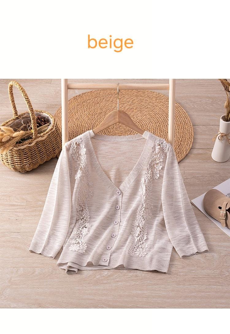 Elegant Beige Linen Blend Cardigan with Floral Embroidery – Lightweight V-Neck Knitwear for Women