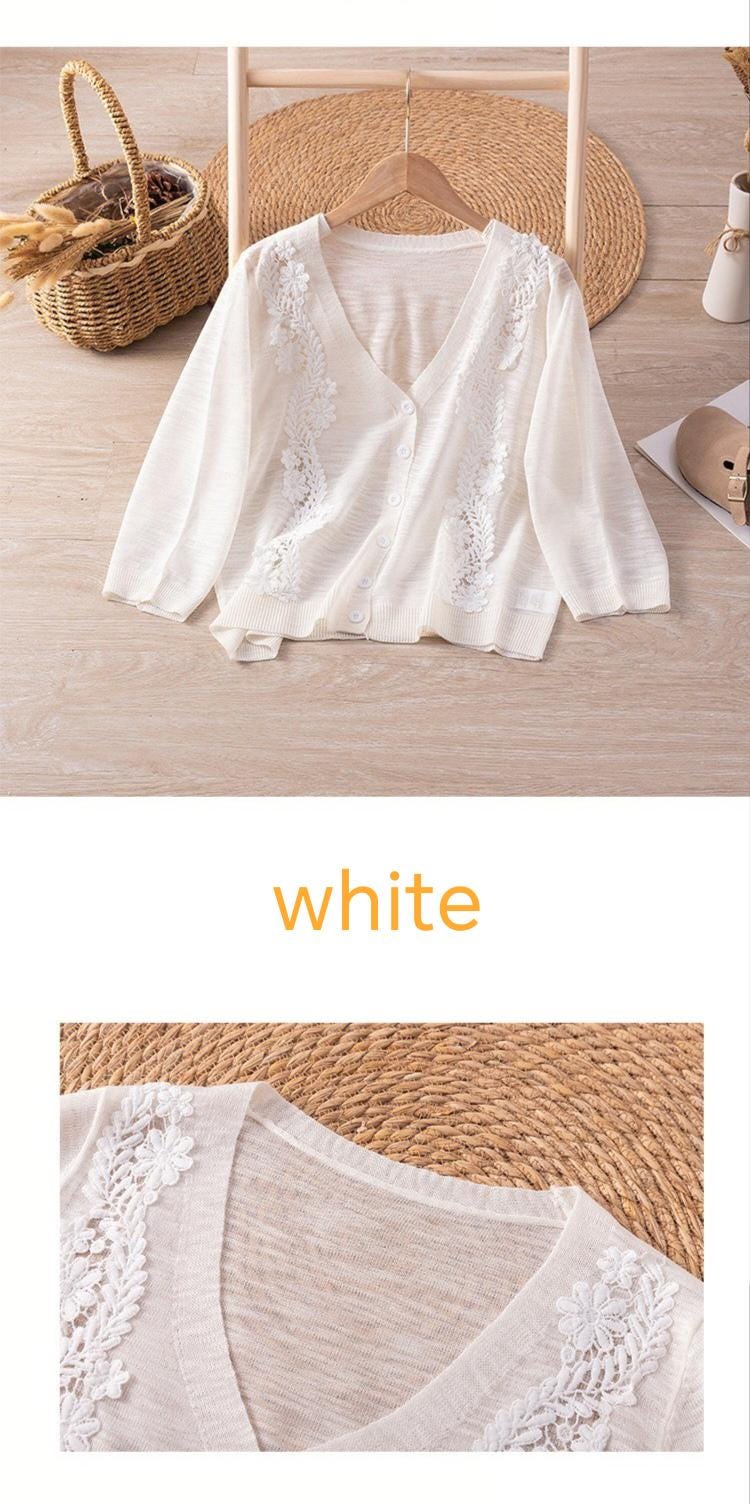 Elegant Beige Linen Blend Cardigan with Floral Embroidery – Lightweight V-Neck Knitwear for Women