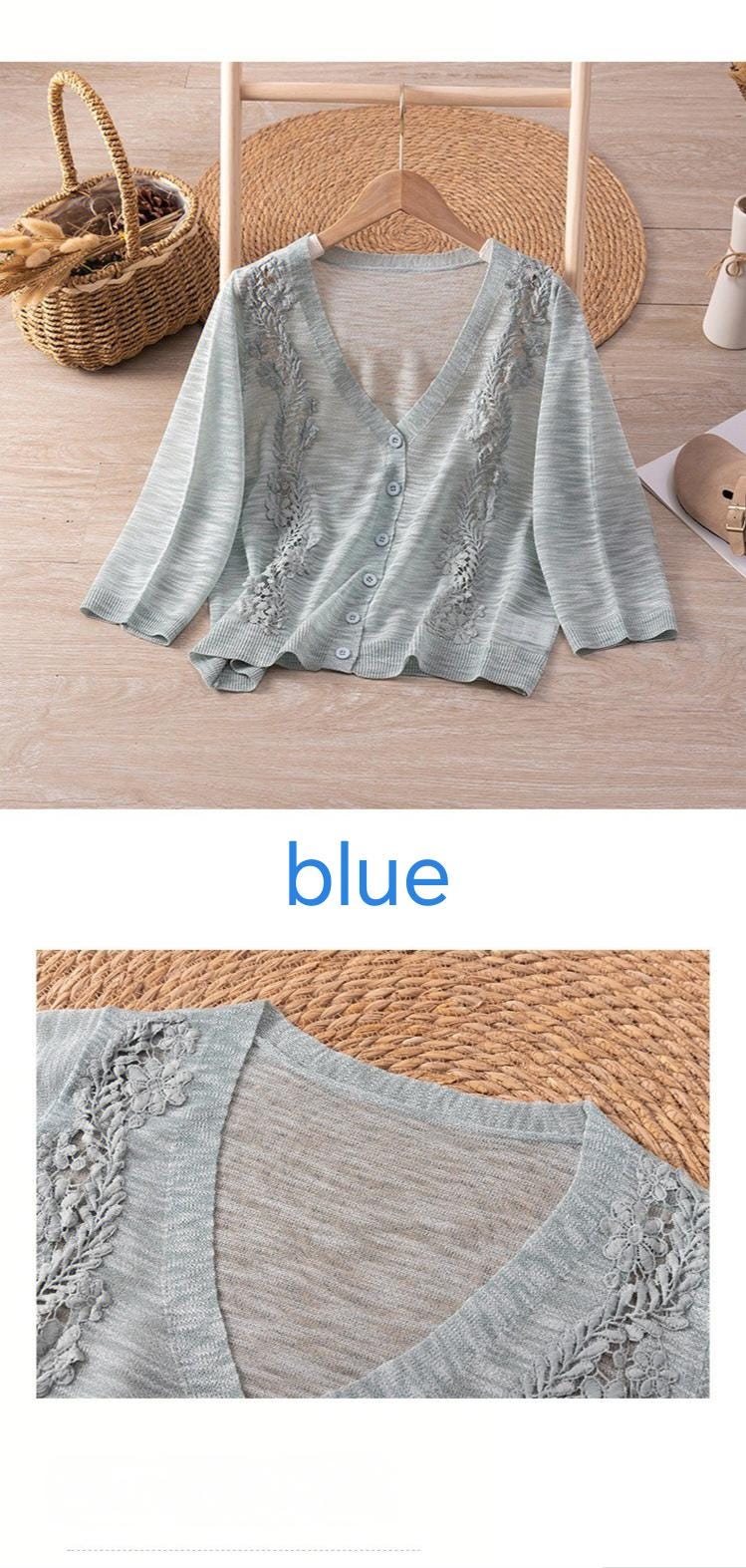 Elegant Beige Linen Blend Cardigan with Floral Embroidery – Lightweight V-Neck Knitwear for Women