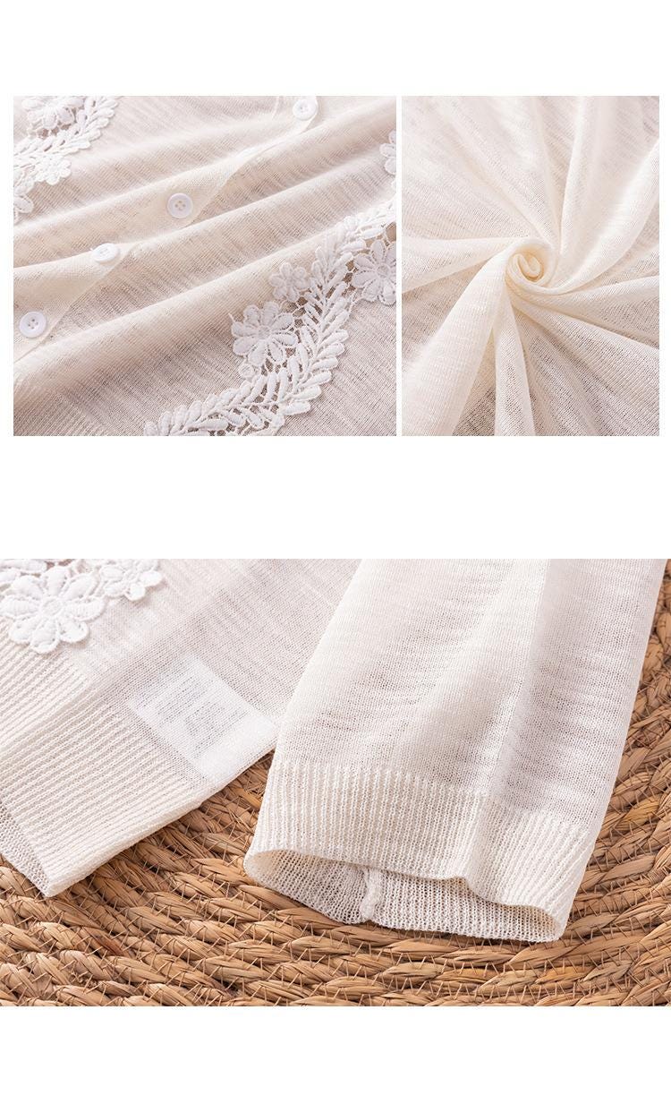 Elegant Beige Linen Blend Cardigan with Floral Embroidery – Lightweight V-Neck Knitwear for Women