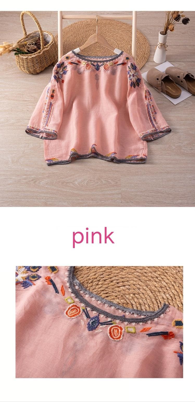 Boho Embroidered Blouse | Vintage-Inspired Loose Fit Top | Ethnic Folk Style Peasant Shirt for Women
